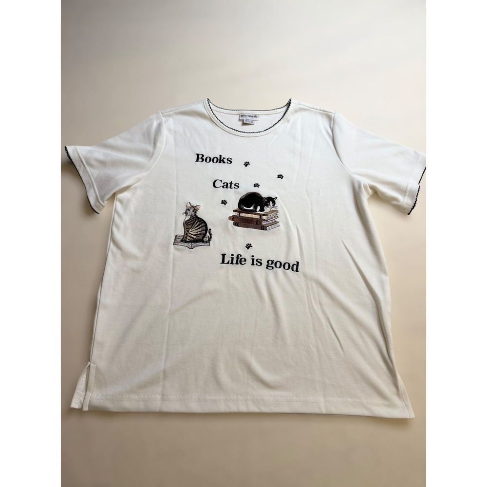 Bon Worth Vintage Cat Shirt Books Cats Life Is Good Embroidered White Top XS P